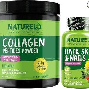 NATURELO Hair, Skin and Nails Multivitamin, 60 Count Collagen Peptide Powder, 45 Servings