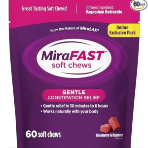 MiraFAST Soft Chews, from The Makers of MiraLAX, Gentle Constipation Relief in 30min-6hrs, Fast Acting Laxative, Stimulant Free Saline Laxative, Magnesium Hydroxide, Mixed Berry Flavor, 60ct